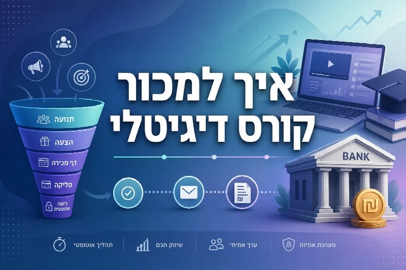שרשרת המכירה של קורס דיגיטלי — תנועה, דף מכירה, סליקה וגישה אוטומטית